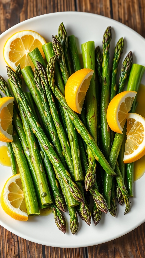 Grilled asparagus spears with lemon wedges on a rustic wooden table.